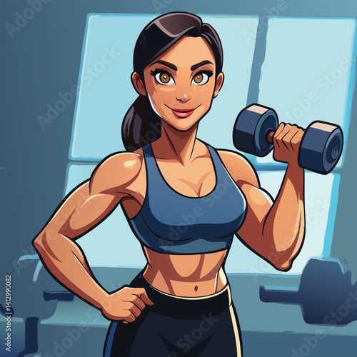 Strong Muscular Woman Lifting Dumbbell in Gym