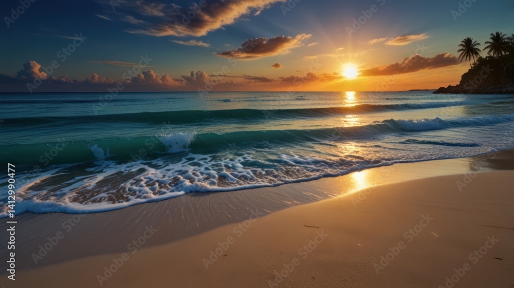 Fototapeta premium Tropical sunset beach, waves gently rolling ashore