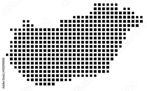 Abstract map of Hungary showing the country with a pattern of black squares