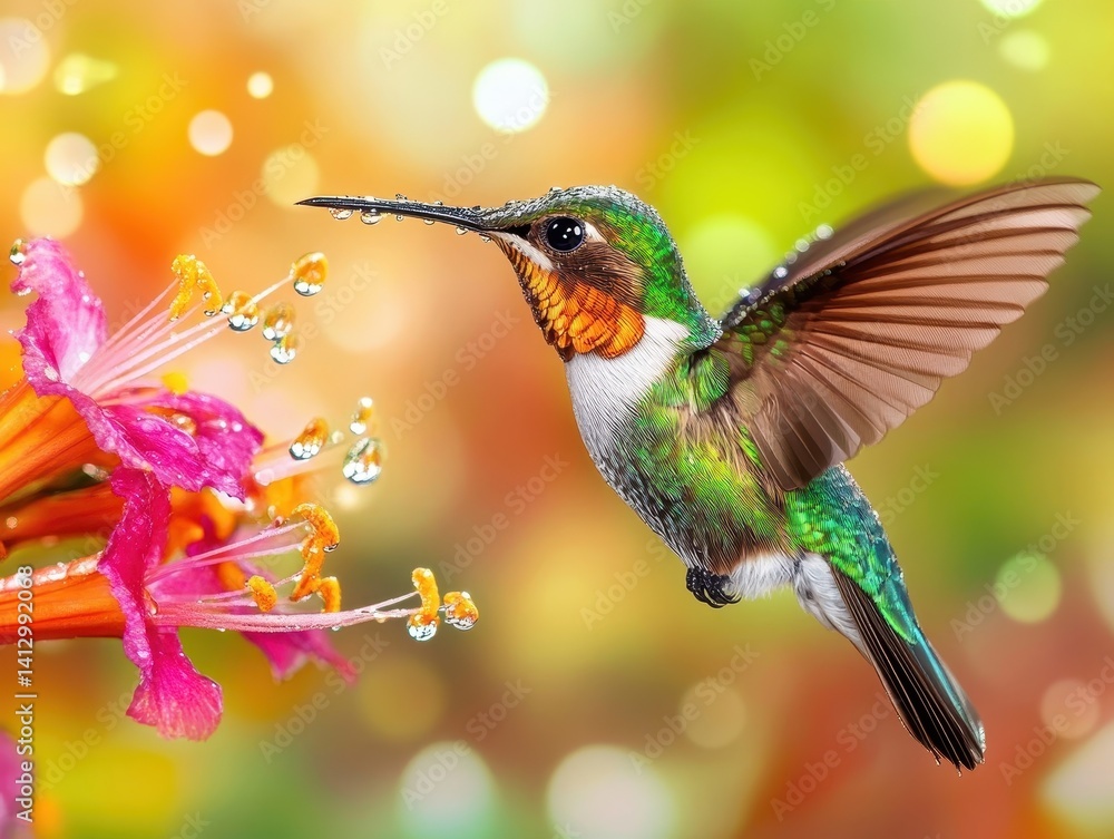 Fototapeta premium Iridescent Hummingbird Hovering Near Exotic Tropical Flowers in Morning Light with Crystalline Dewdrops and Rainbow Wing Reflections