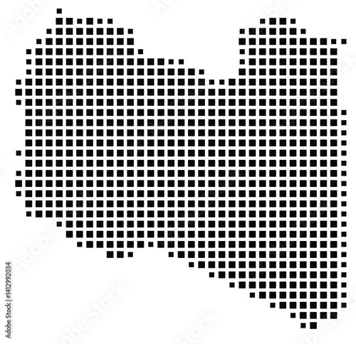 Abstract map of Libya showing the country with a pattern of black squares