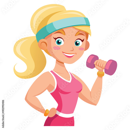 Happy Fitness Woman Lifting Pink Dumbbell Cartoon Illustration