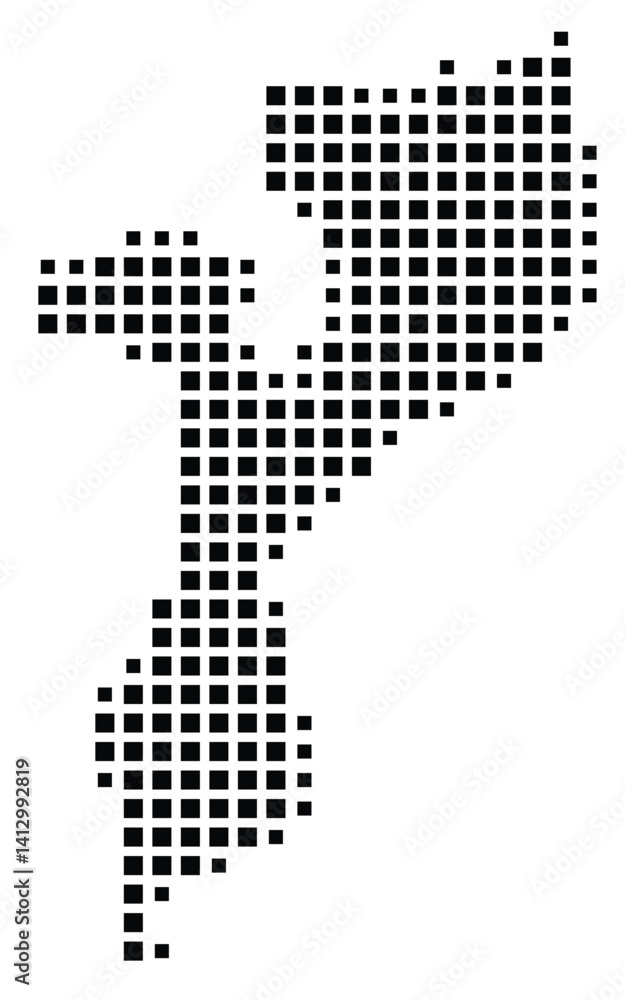 Abstract map of Mozambique showing the country with a pattern of black squares Abstract map of Mozambique showing the country with a pattern of black squares