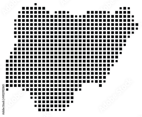 Abstract map of Nigeria showing the country with a pattern of black squares