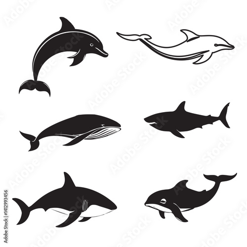 image of dolphins and whales logo, black and white, graphics, vector, set of 6 pieces
