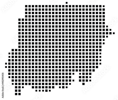 Abstract map of the Sudan showing the country with a pattern of black squares