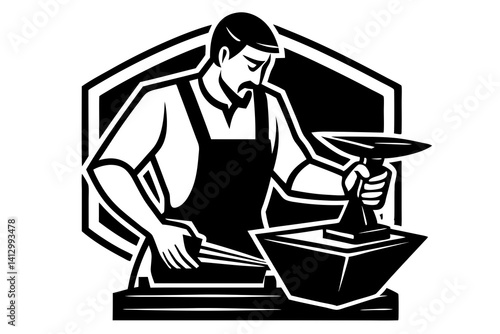 Minimalist Line Art of Blacksmith Hammering on Anvil


