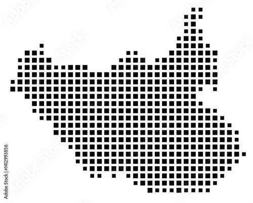 Abstract map of South Sudan showing the country with a pattern of black squares
