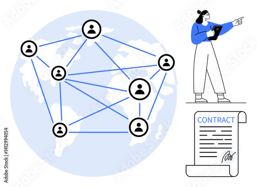 World map with connected people icons, female presenting digital data, and signed contract. Ideal for networking, collaboration, business development, globalization, remote work, digital
