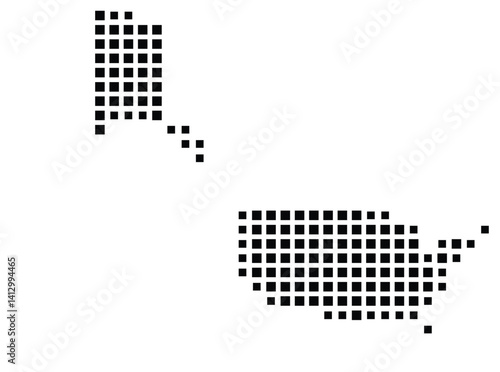 Abstract map of the United States of America + Alaska showing the country with a pattern of black squares