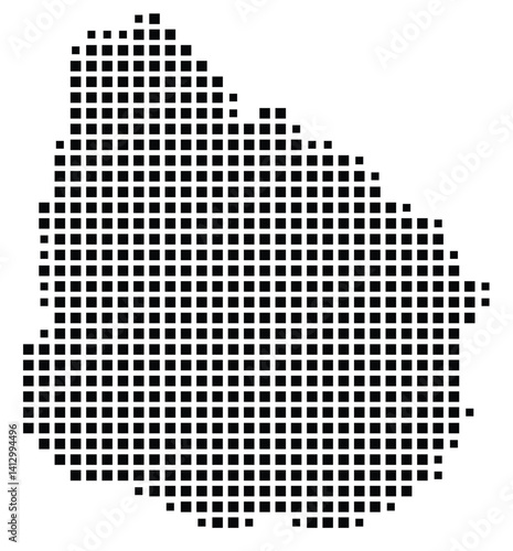 Abstract map of Uruguay showing the country with a pattern of black squares