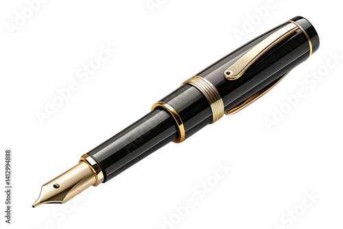 Elegant black fountain pen on transparent background