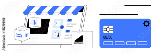 Laptop displays online store with product boxes, shopping bag, credit card, and gear icon. Ideal for online shopping, e-commerce, payment system, retail, digital transactions cybersecurity modern