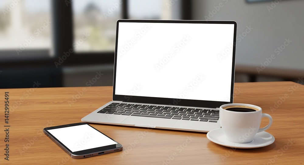 Brightly lit laptop mockup coffee phone workspace. AI Generated Brightly lit laptop mockup coffee phone workspace. AI Generated
