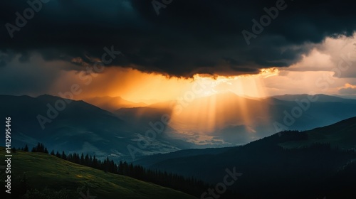Majestic Mountain Landscape Under Dynamic Storm Clouds with Dramatic Sunlight Breaking Through