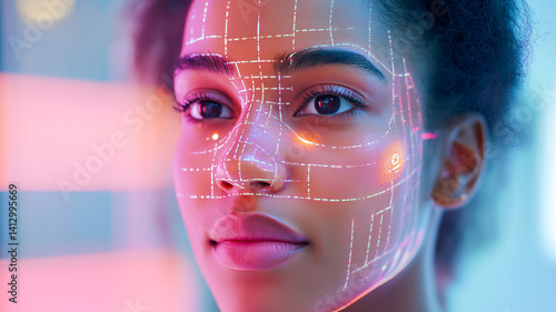 A woman experiencing a virtual reality skincare consultation, surrounded by a 3D digital model of her face with highlighted skin concerns