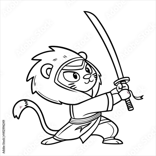 Vector cartoon  cat lion ninja line art