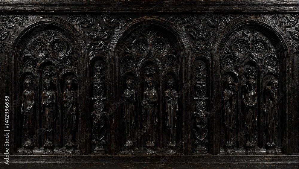 Obraz premium Elegant Gothic style wall paneling in ebony stained oak showcasing intricate pointed arch motifs with detailed carvings