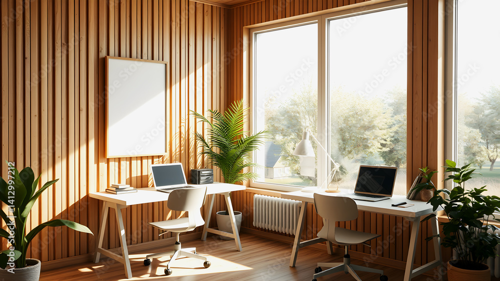 Fototapeta premium Cozy Modern Home Office with Natural Wood Accents