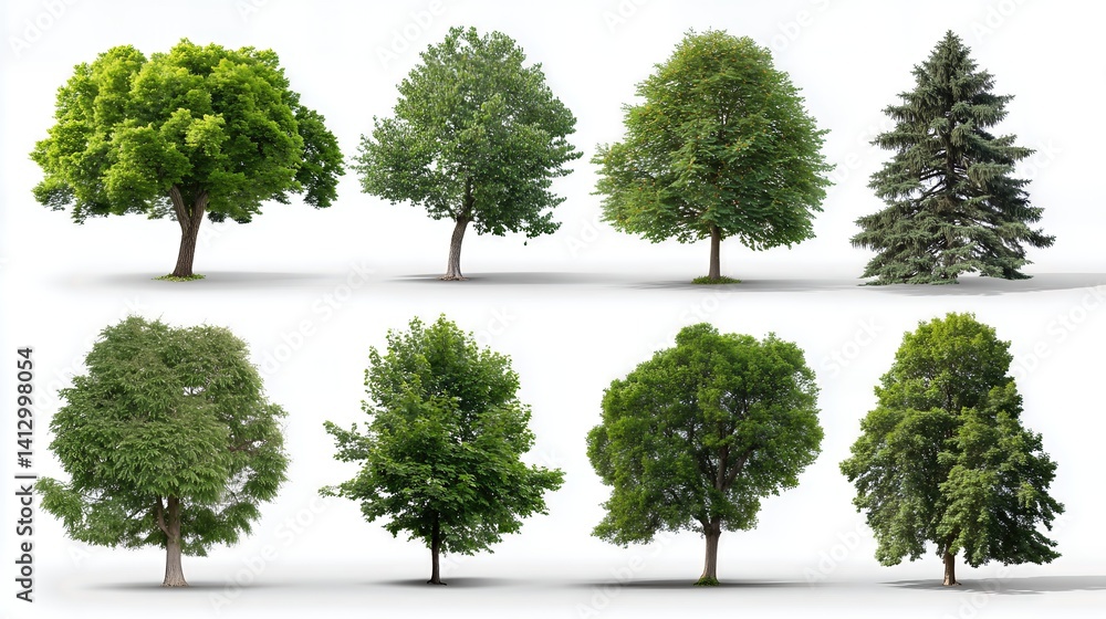 Fototapeta premium A diverse collection of green trees is neatly arranged against a clean white background, showcasing various shapes, sizes, and foliage textures.