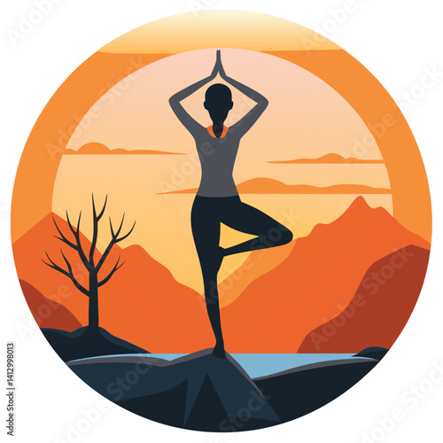 Woman Practicing Yoga Tree Pose at Sunset in Mountains