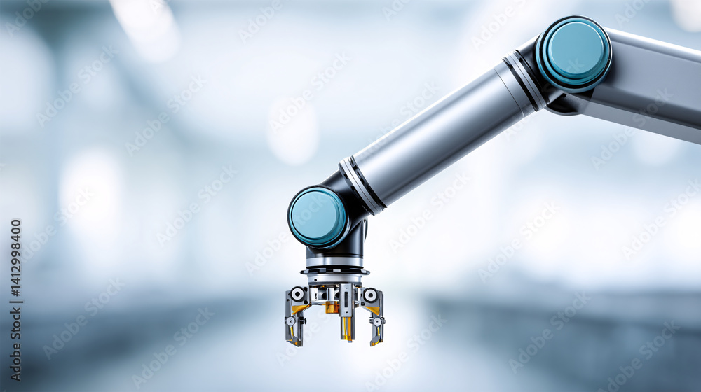 Obraz premium robotic arm with metallic finish and blue accents is shown in modern industrial setting, highlighting its precision and advanced technology. background is softly blurred