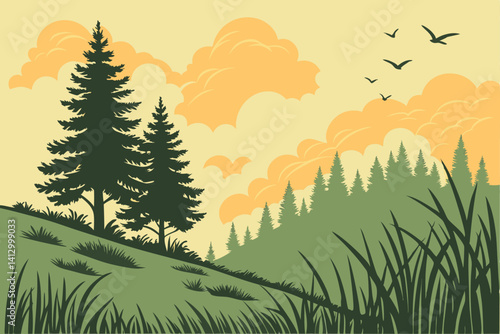 38 Sunset landscape, pine forest silhouette, golden sky, vibrant orange clouds, green meadow, tall grass, flying birds, serene atmosphere, digital art, vector style, flat colors, minimalist design, pe