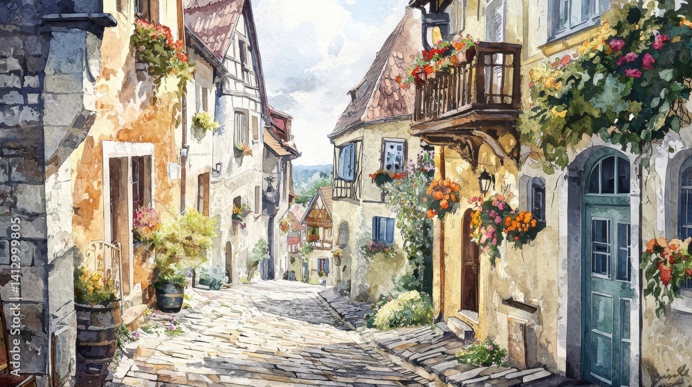 Fototapeta premium Cobblestone street winds through a quaint village, featuring colorful houses with flower boxes, balconies, and lush greenery under a bright blue sky