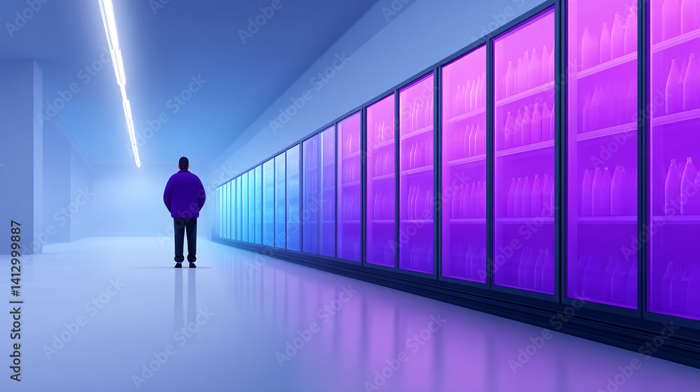 person stands in futuristic supermarket aisle, illuminated by glowing purple and blue lights from refrigerated shelves, creating modern and surreal atmosphere person stands in futuristic supermarket aisle, illuminated by glowing purple and blue lights from refrigerated shelves, creating modern and surreal atmosphere