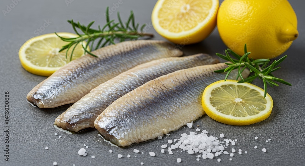 Fresh Herring Fillets with Lemons and Rosemary - A culinary symbolizing freshness, healthy eating, Mediterranean flavors, seafood delicacy, and simple elegance Fresh Herring Fillets with Lemons and Rosemary - A culinary symbolizing freshness, healthy eating, Mediterranean flavors, seafood delicacy, and simple elegance
