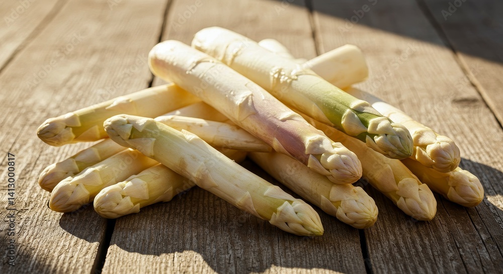 Fresh White Asparagus on Wooden Table - A bunch of fresh white asparagus spears rests on a rustic wooden surface, bathed in sunlight Fresh White Asparagus on Wooden Table - A bunch of fresh white asparagus spears rests on a rustic wooden surface, bathed in sunlight