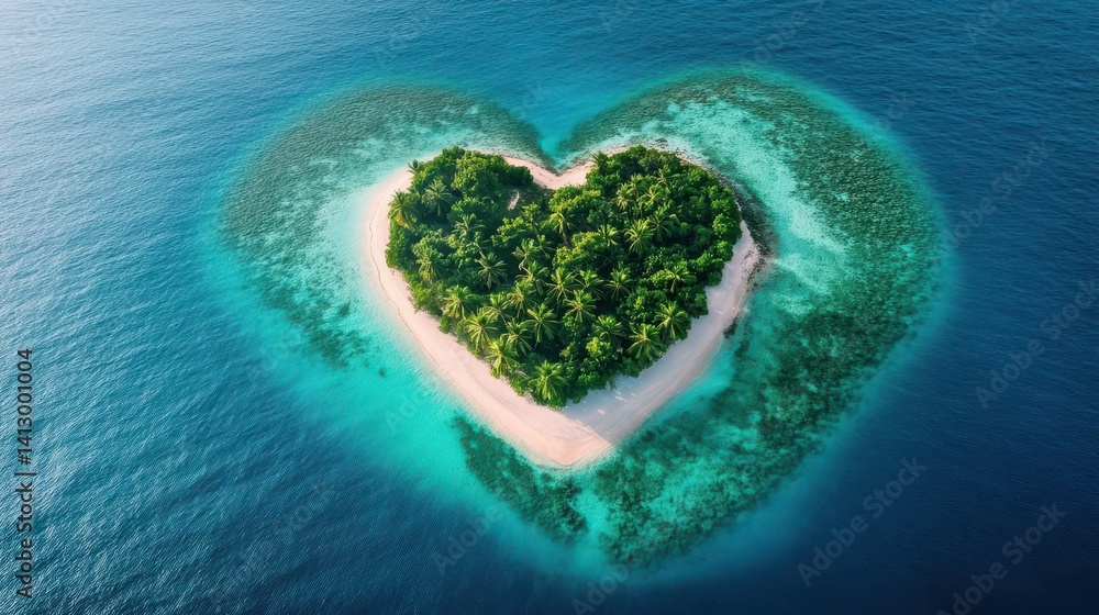 Pristine Tropical Paradise Island With Palm Trees And White Sand Beach Surrounded By Crystal Clear Turquoise Waters
