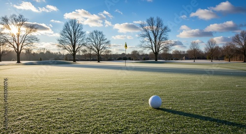 Frosty Fairway Golf Course Sunrise - Winter golf scene, frosty grass, sunrise, golf ball, peaceful. Symbolizes serenity, challenge, precision, nature, and winter sport