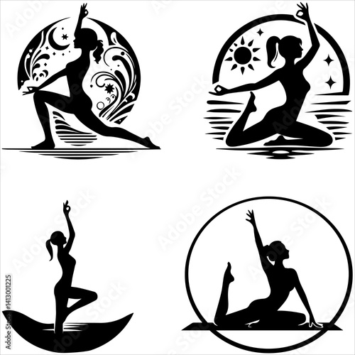 Silhouette of a woman on the beach vector yoga illustration sport action