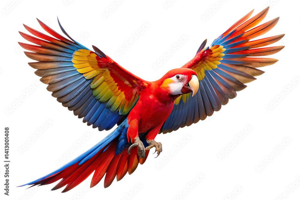 Fototapeta premium Flying Scarlet Macaw Parrot white background