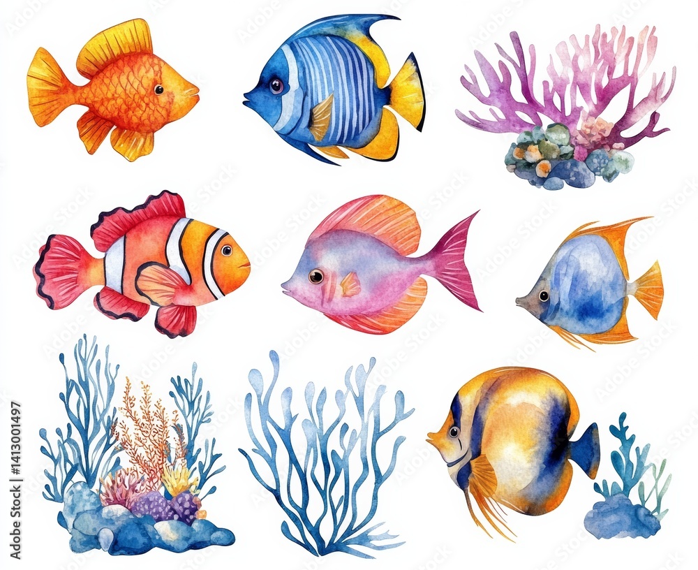 Fototapeta premium Colorful Fish and Coral Ocean Watercolor Art isolate on white background