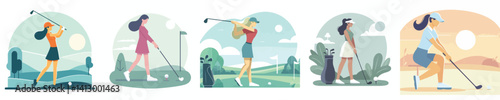 vector flat design collection of women playing golf