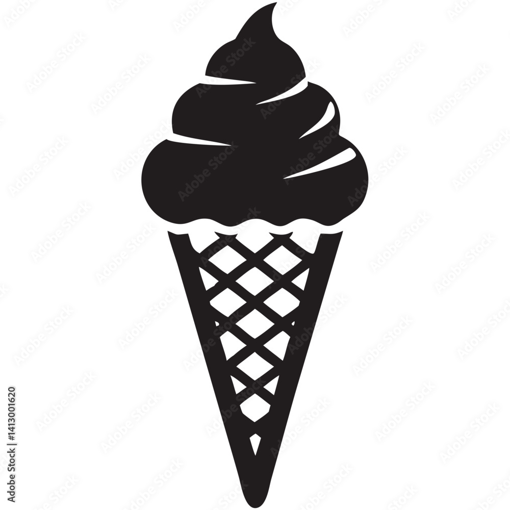 A delightful ice cream cone, a perfect summer treat, with a rich, swirled scoop and a crisp waffle cone in bold black silhouette. A delightful ice cream cone, a perfect summer treat, with a rich, swirled scoop and a crisp waffle cone in bold black silhouette.