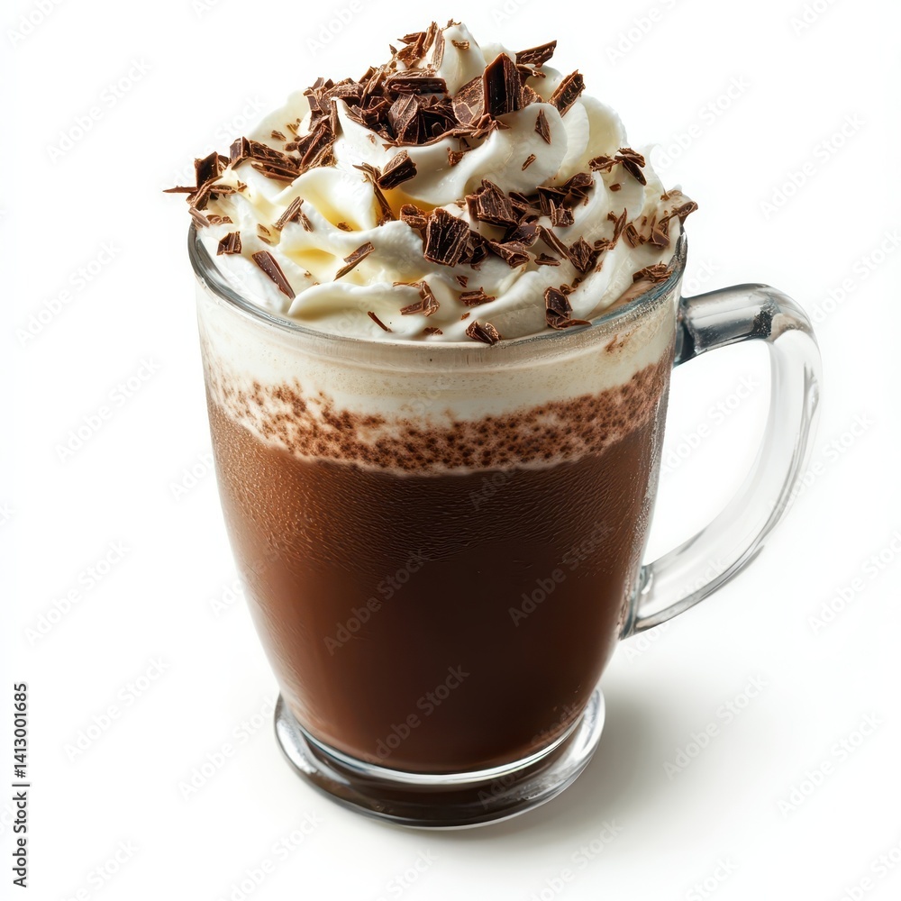 Rich Dark Hot Chocolate Swirled with Whipped Cream and Chocolate Shavings Against Pure White Background