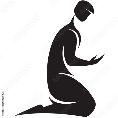 A humble figure kneeling in prayer, seeking solace and spiritual connection in a powerful black silhouette.