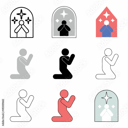 A humble figure kneeling in prayer, seeking solace and spiritual connection, depicted in various styles and colors against a plain white background.