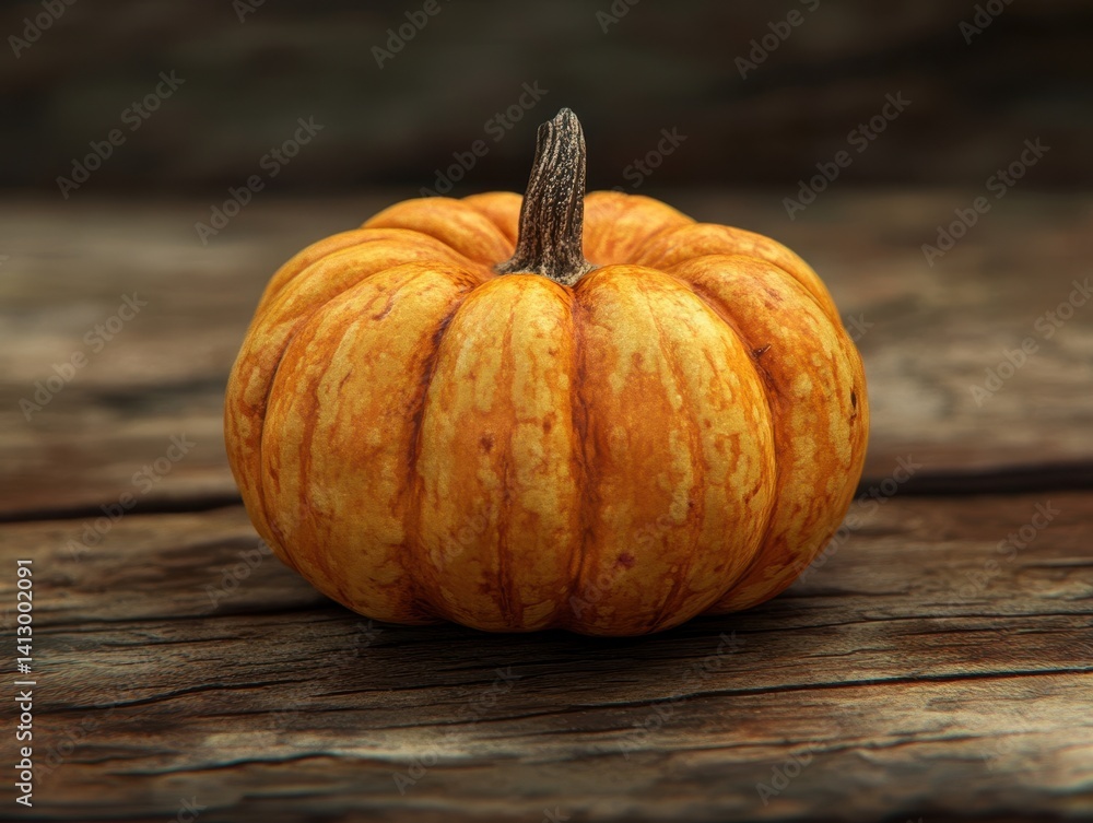 Rustic Autumn Harvest Single Heirloom Mini Pumpkin on Weathered Wood Background with Soft Natural Light