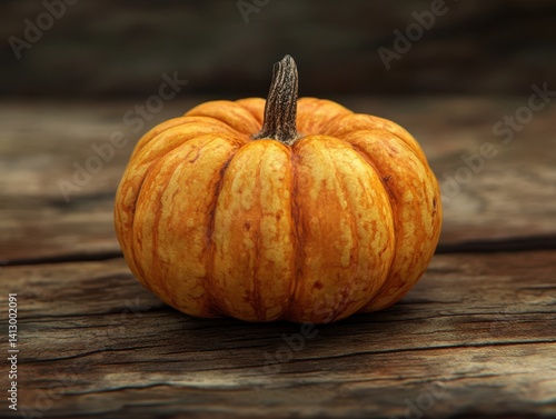 Obraz na płótnie Rustic Autumn Harvest Single Heirloom Mini Pumpkin on Weathered Wood Background with Soft Natural Light w salonie