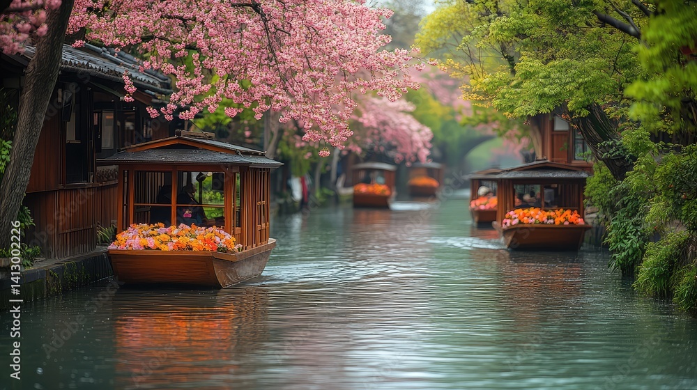 Obraz premium A sakura-lined canal with traditional boats gliding gently, offering a scenic springtime view