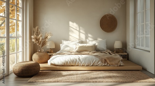 Wallpaper Mural A Scandinavian-inspired bedroom with a neutral color palette, featuring a low platform bed and soft-textured furnishings Torontodigital.ca