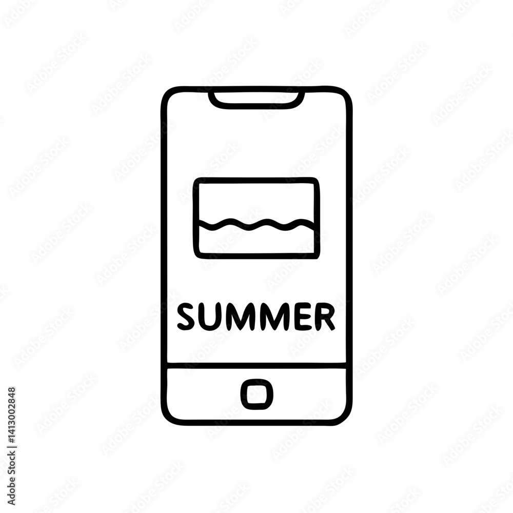 A simple phone screen displaying a summer seascape evokes feelings of warmth, relaxation, and carefree vacation days with a bold black line art style. A simple phone screen displaying a summer seascape evokes feelings of warmth, relaxation, and carefree vacation days with a bold black line art style.