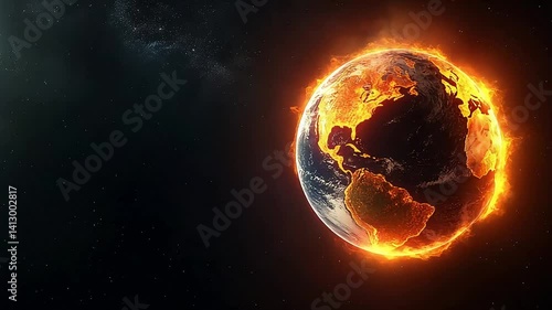 Planet earth burning in space showing north and south global warming and climate change concept