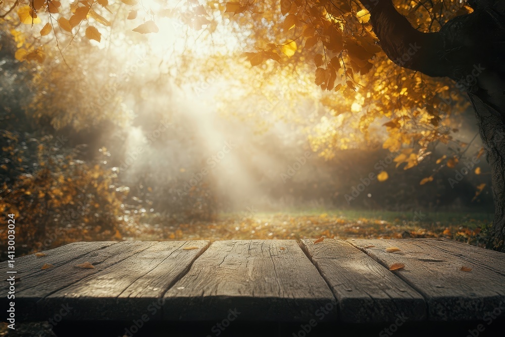 Rustic Wooden Table in Enchanted Autumn Garden with Morning Fog and Golden Sunbeams Through Ancient Trees