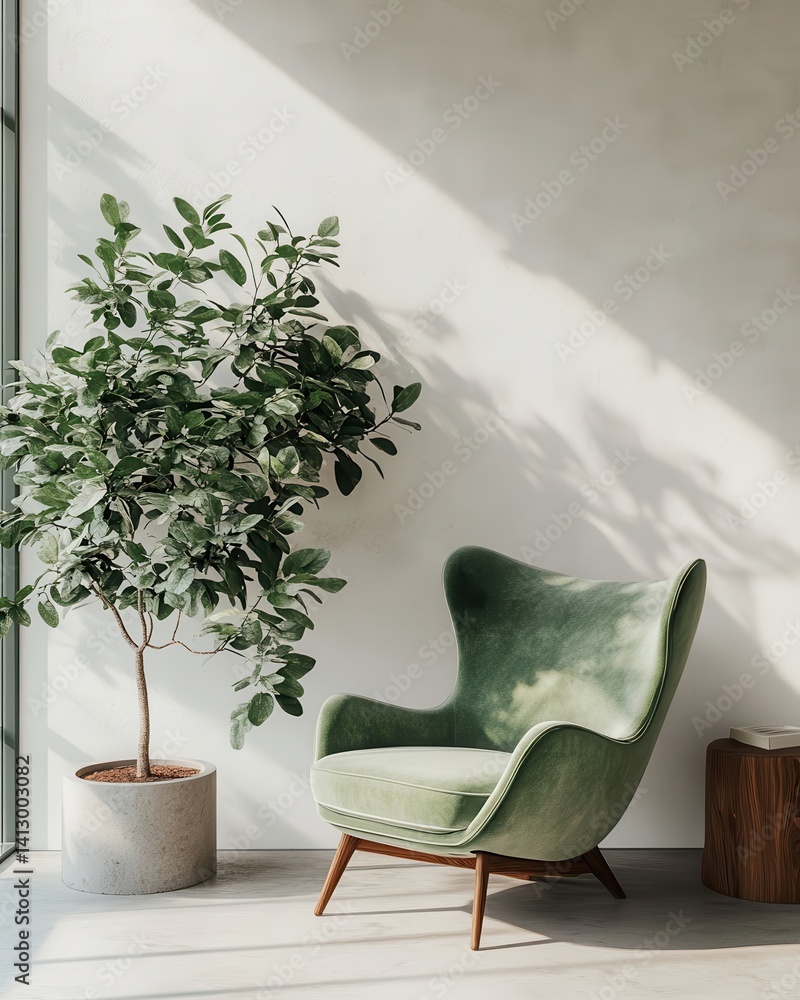 Scandinavian Living Room Interior with Iconic Mid-Century Lounge Chair in Sage Green Velvet Against Minimalist White Wall