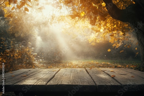 Obraz na płótnie Rustic Wooden Table in Enchanted Autumn Garden with Morning Fog and Golden Sunbeams Through Ancient Trees w salonie